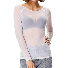 (XXL, White) Women See-through Long Sleeve Seamless Arm Shaper Top Mesh Shirt Blouse TW