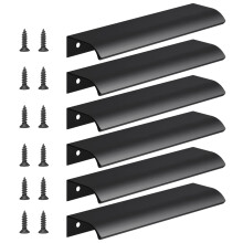 6 Pack Black Aluminum Cabinet Handles 150mm, Modern Hidden Drawer Pulls with Ergonomic Finger Grip, Easy Install for Kitchen or Wardrobe Doors