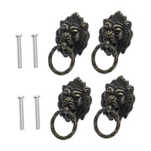 4pcs Vintage Lion Head Cabinet Pulls Antique Brass Drawer Handles Chinese Design for Furniture