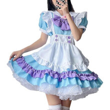 (L) Cute Maid Dress Short Sleeve Sweet Maid Outfit with Apron Big Bow Headwear for Party