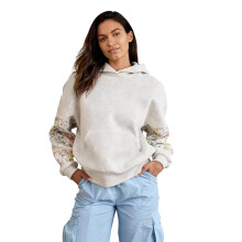 (M, White flower ash) Womens Hooded Sweatshirt Long Sleeve Floral Print Patchwork Casual Loose Fit Tops with Pocket