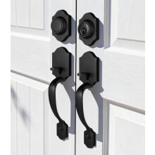 Matte Black Front Door Handle Set with Dummy Lever, Classic Double Door Lock Set, Weather‑Resistant and Easy Installation