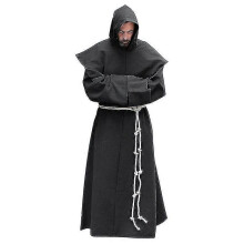 (L, Black) S-5xl Renaissance Monk Clergy Habit Scapular Friar Costume Religious Saint Gown Robe Men Priest Hood Cowl Halloween Outfit Tw