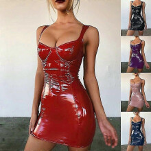 (M, PINK) Womens Artificial Leather Shiny Shiny Wrap Chest Sling Waist Thin Pu Leather Sling Dress Zekai