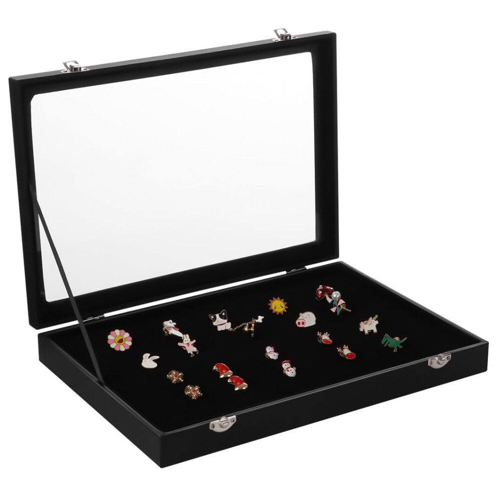 Lockable Pin Display Case for Military Medals and Pins, Dustproof PU Frame with Glass Cover, 13.8'x9.5'x2'