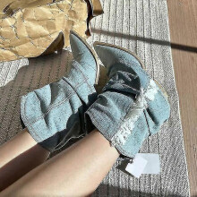 (41, ankle boots) Pleats Blue Denim Thigh High Boots For Women 2023 Autumn Thick Heeled Pointed Toe Cowboy Boots Woman Slip On Western Long Boots