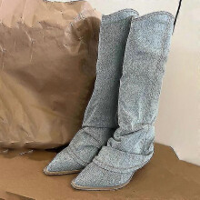(35, long boots) Pleats Blue Denim Thigh High Boots For Women 2023 Autumn Thick Heeled Pointed Toe Cowboy Boots Woman Slip On Western Long Boots