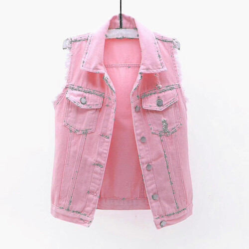 (L, Pink) Women Spring And Autumn Coats Solid Sleeveless Denim Jacket Outerwear