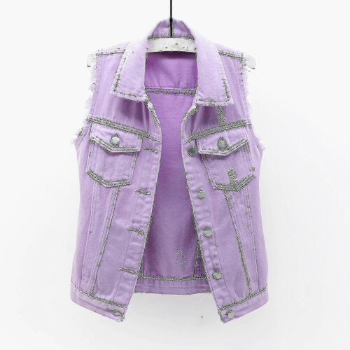 (L, Purple) Women Spring And Autumn Coats Solid Sleeveless Denim Jacket Outerwear