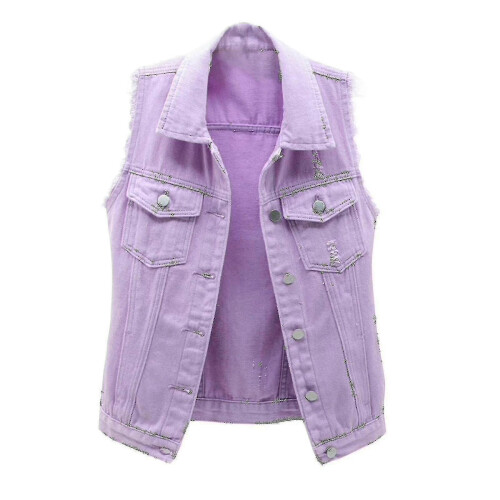 (L, Purple) Women Spring And Autumn Coats Solid Sleeveless Denim Jacket Outerwear 1