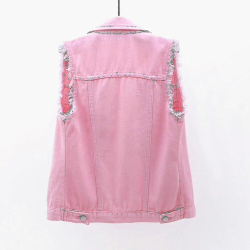 (L, Pink) Women Spring And Autumn Coats Solid Sleeveless Denim Jacket Outerwear 2