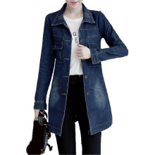 (3XL, navy blue) Turn-Down Collar Flap Pockets Denim Jacket Shrink Resistant Irregular Hem Long Women Coat Streetwear
