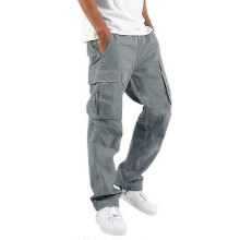 (5XL, Grey) Lebanghui Men Solid Multi Pockets Combat Cargo Pants Casual Baggy Work Straight Trousers