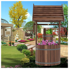 Wooden Wishing Well Planter, Durable Cedar Outdoor Garden Planter Box with Adjustable Bucket and Drainage