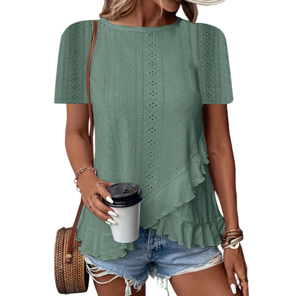 Women Crewneck Long Sleeve Eyelet Blouses Elegant-Green XXL