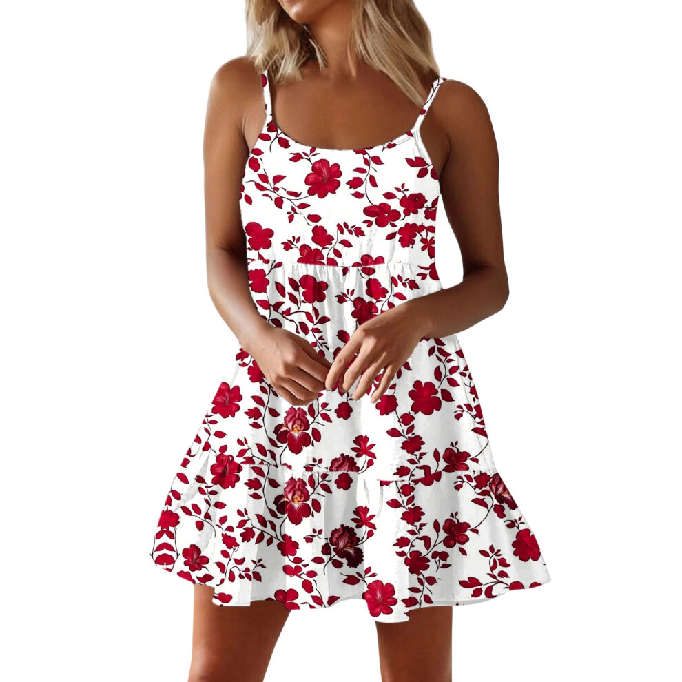 Women Spaghetti Strap Ruffle Tiered Short Flowy Dress-Red XS