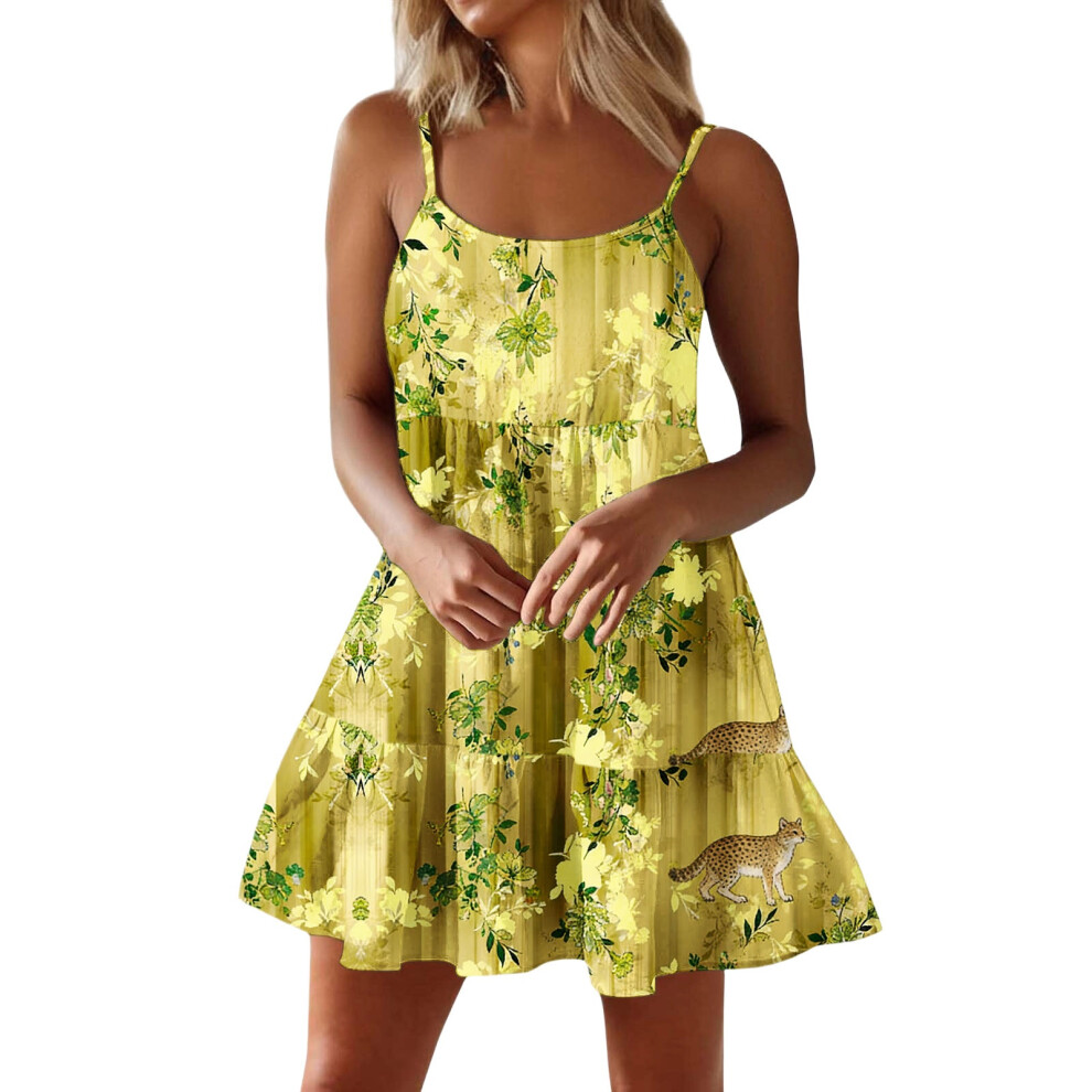 Women Spaghetti Strap Ruffle Tiered Short Flowy Dress-Yellow XS