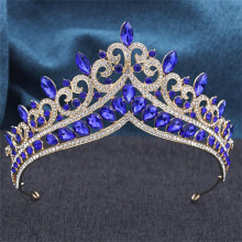 Women's Crown Tiara Gold Blue Rhinestone Bridal Wedding Headpiece for Princess Prom Queen