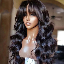 26 Inch Platinum Blonde HD Lace Front Wig with Bangs, 180 Density Virgin Human Hair Body Wave Style