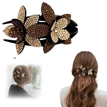 Crystal Hair Claw Rhinestone Double Flower Hair Clip for Women, Champagne Coffee Accessory for Thick Hair