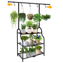 Adjustable 3 Tier Metal Plant Stand with Suspension Rod, Heavy Duty Indoor Outdoor Flower Pot Shelf for Garden and Balcony