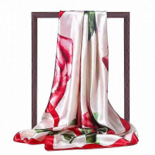 (90x90cm, FT85-1) 2022 Square Scarf For Women Foulard Satin Hijab Silk Shawl Neckerchief Female Head Wraps Leaf Print Headband Hair bands Bandana