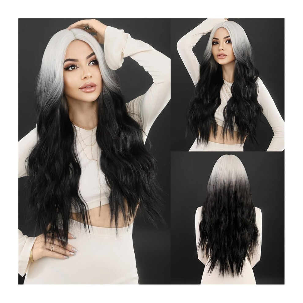 Unisex Black Wavy Synthetic Wig For Women, Heat Resistant Naturallooking Middle Part Curly Style For Cosplay And Daily Wear