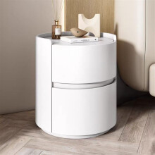 White Round Bedside Table with Drawers, Small Modern Nightstand for Bedroom, Solid Wood, SpaceSaving Design