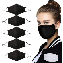 5PCS Reusable Cotton Face Mask with Filter Pocket and Nose Wire, Washable Breathable Black Masks for Adults