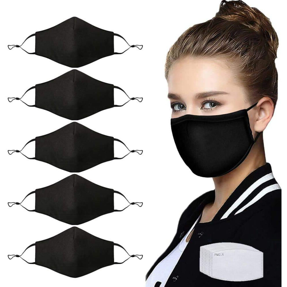 5Pcs Reusable Cotton Face Mask With Filter Pocket And Nose Wire, Washable Breathable Black Masks For Adults 9771547897644
