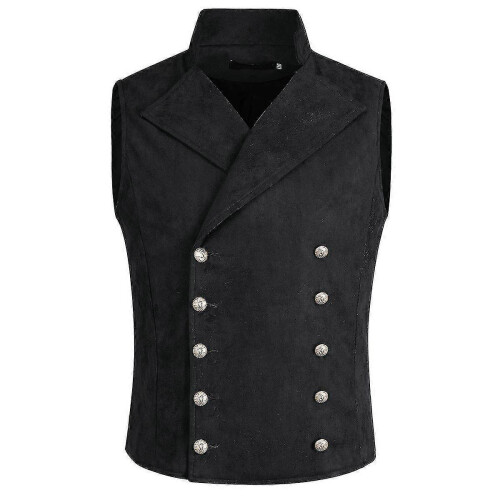 (L, Black) Men's Double Breasted Suit Vest Retro Solid Color Stand Collar Vest