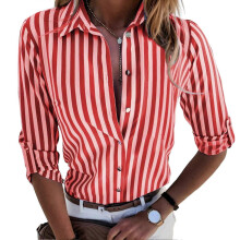 (3XL, Red) Women Striped Print Blouse Tops Striped Classic Long Sleeve Shirts