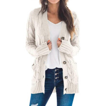 (L, Beige) Women's Long Sleeve Cable Knit Cardigan With Pocket Casual Coat Solid Color