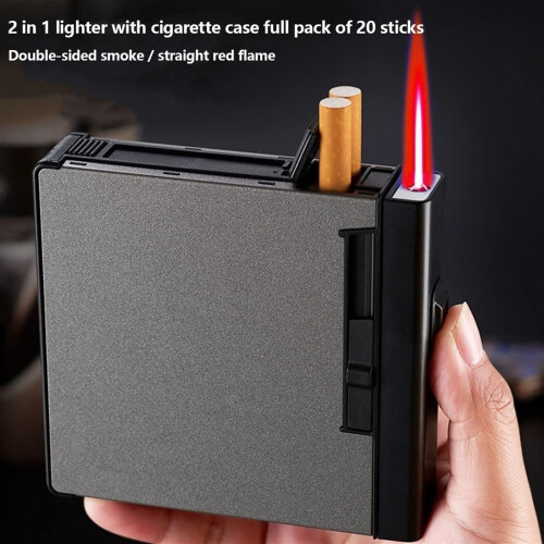 2 in 1 Windproof Jet Flame Butane Cigarette Case Lighter for Men, Refillable and Compact Design 2