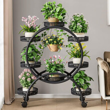 Wrought Iron Plant Stand with Wheels, Tall Multi‑Tier Metal Plant Shelf for Indoor Outdoor, Black 95c