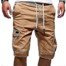 (2XL, Khaki) Mens Joggers Shorts Elastic Waist Shorts Cargo Pockets Half Pantsl