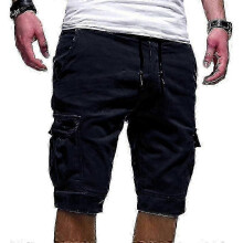 (3XL, Navy Blue) Mens Joggers Shorts Elastic Waist Shorts Cargo Pockets Half Pantsl