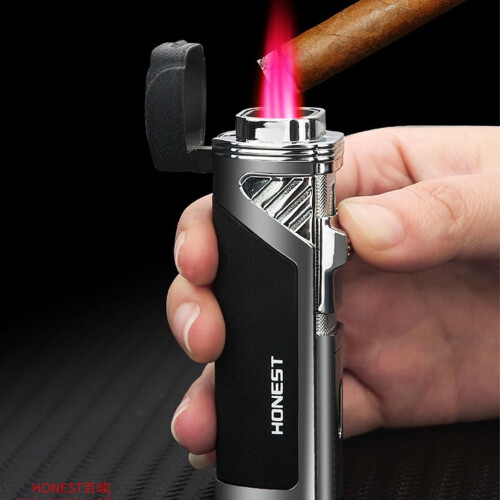 Butane Torch Lighter Quad Flame Windproof Metal Design Adjustable Flame Refillable for Camping Gift Red 1