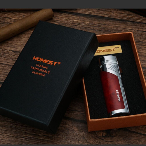 Butane Torch Lighter Quad Flame Windproof Metal Design Adjustable Flame Refillable for Camping Gift Red 2