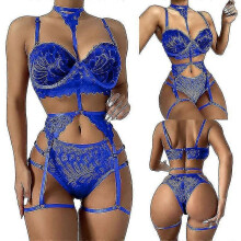 (L, Blue) Women Sexy Lingerie Strappy Lace Garter Lingerie Sets