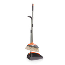 Long Handle Broom and Dustpan Set for Home Kitchen Cleaning, Upright Standing Combo with Easy Hair Removal and Flush Rubber Lip