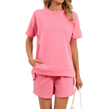 2 Piece Short Sets for Women Outfits Short Sleeve Tops-Pink S