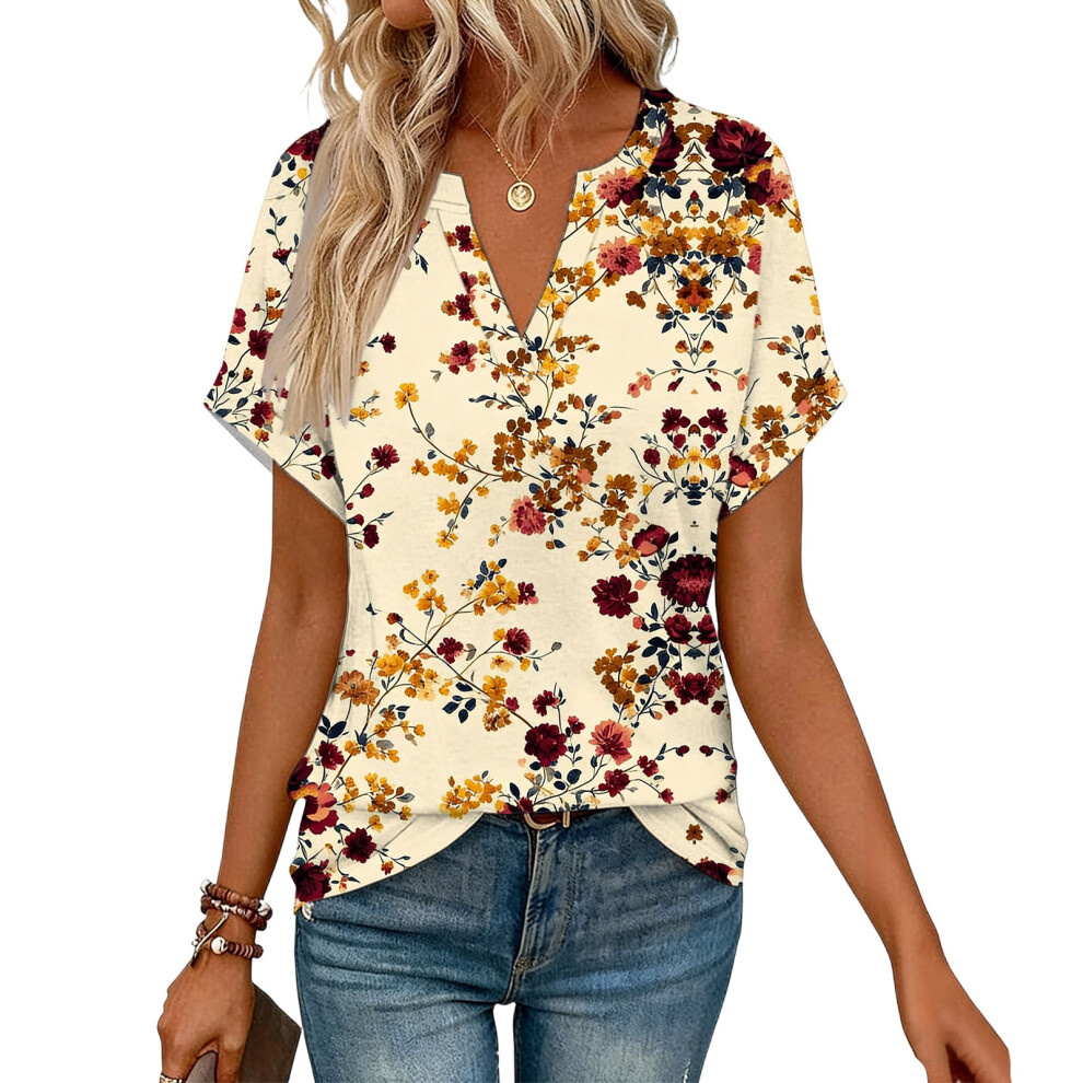 Yellow Women's Short Sleeve V-Neck Blouses, Work Blouses,- L