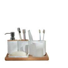 Bamboo Bathroom Accessories Set with Soap Dispenser Toothbrush Holder and Toilet Brush, Natural MoistureResistant Design