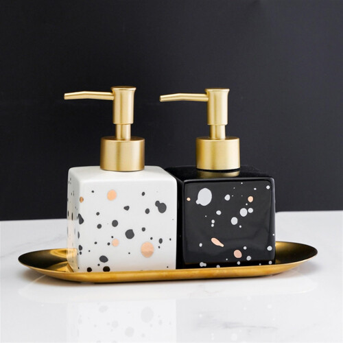 White Ceramic Soap Dispenser 9.5oz Refillable Small Square Pump Bottle for Bathroom and Kitchen 2