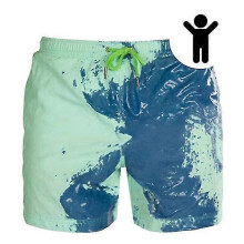(L, blue-green) Magical Change Color Beach Shorts Men Swimming Trunks Swimwear Quick Dry Bathing