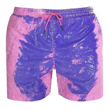 (3XL, pink purple) Magical Change Color Beach Shorts Men Swimming Trunks Swimwear Quick Dry Bathing