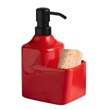 Red Ceramic Soap Dispenser with Sponge Holder, 2in1 Space Saver for Kitchen Sink, 16oz Leak Pump