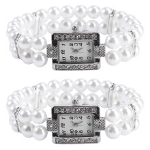2Pcs Girl Quartz Watch White Pearl Strap Casual Wrist Watch