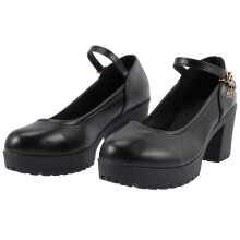 1Pair Black Round Toe Lady High Heels Durable PU Non-Slip Footwear